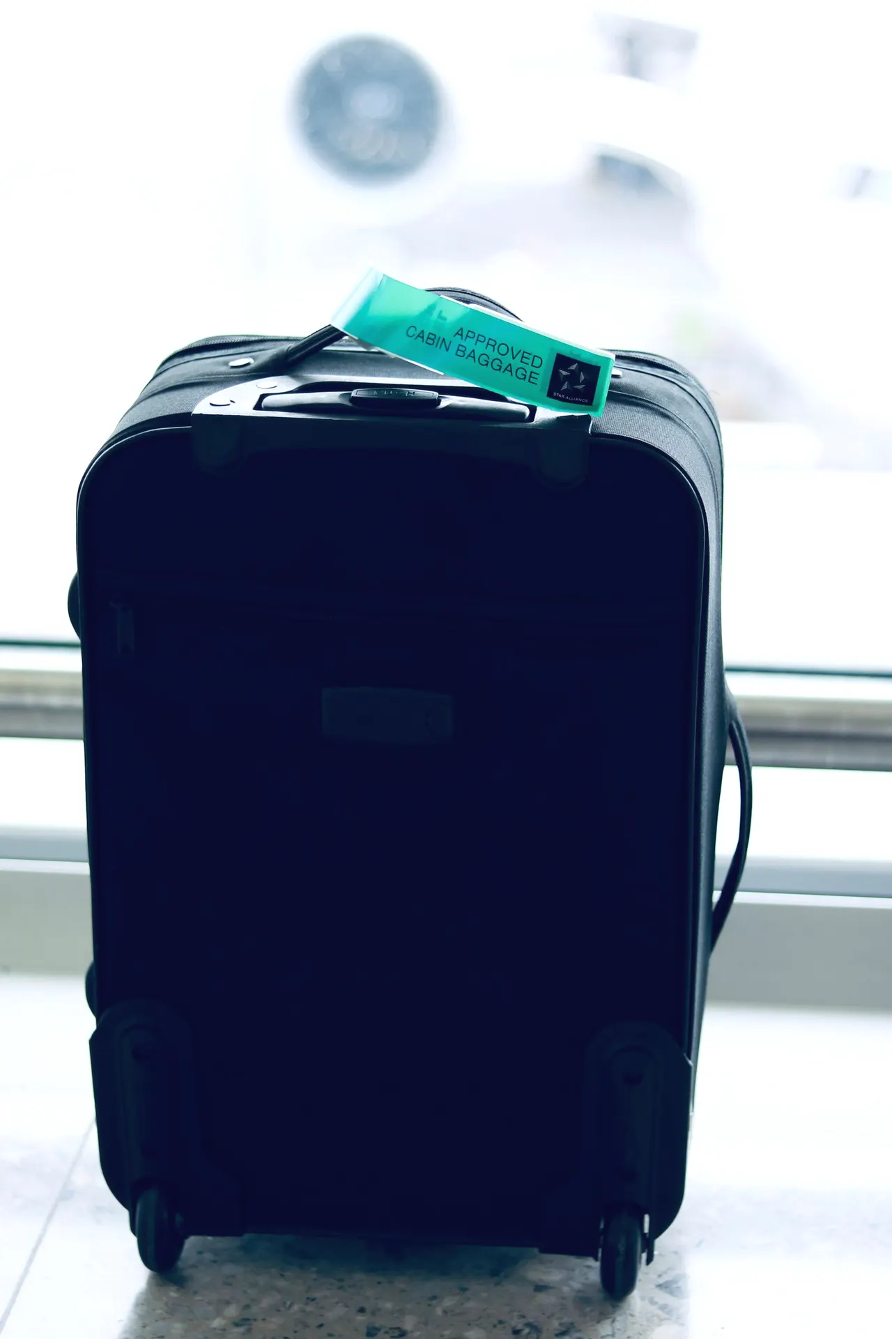 Hard-shell suitcase with a cabin-approved tag
